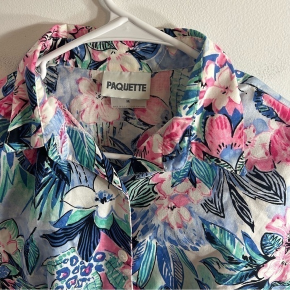 Vintage Paquette Hawaiian Floral Crop Tie Shirt Medium Button Down Collared Blue - Picture 2 of 7